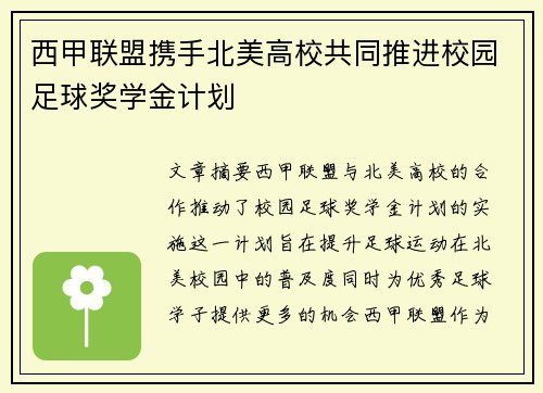 西甲联盟携手北美高校共同推进校园足球奖学金计划 西甲联盟携手北美高校共同推进校园足球奖学金计划